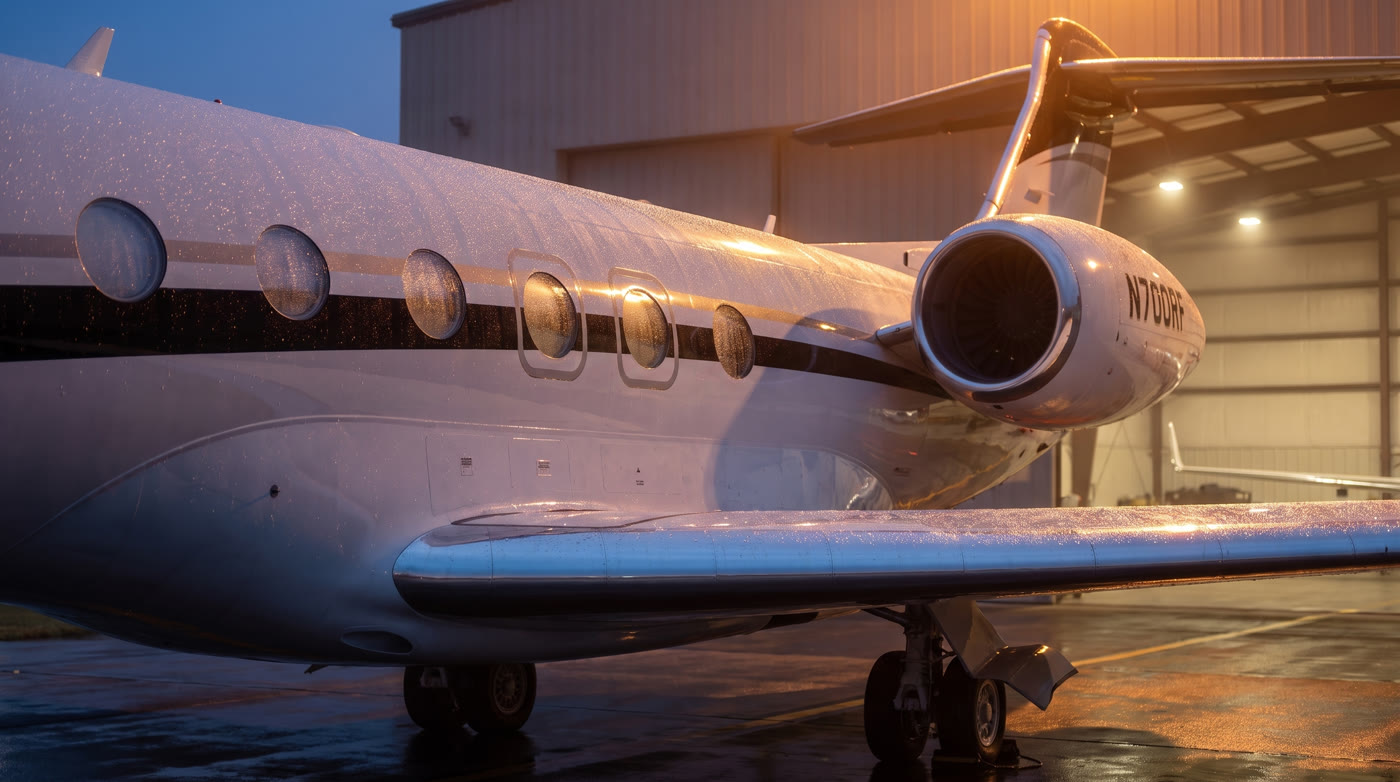 Private jet exterior detailing at golden hour, Ready Five Aviation, New England